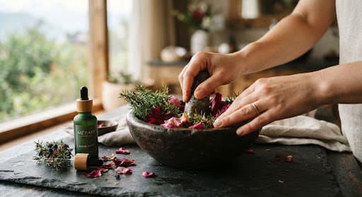 Hands preparing botanical ingredients for a Meraki treatment