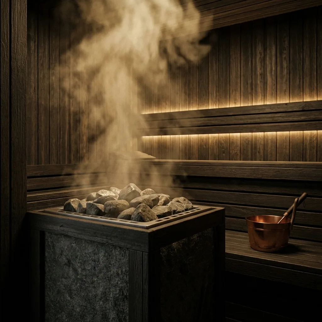 Cedar sauna interior with hot stones — representative image
